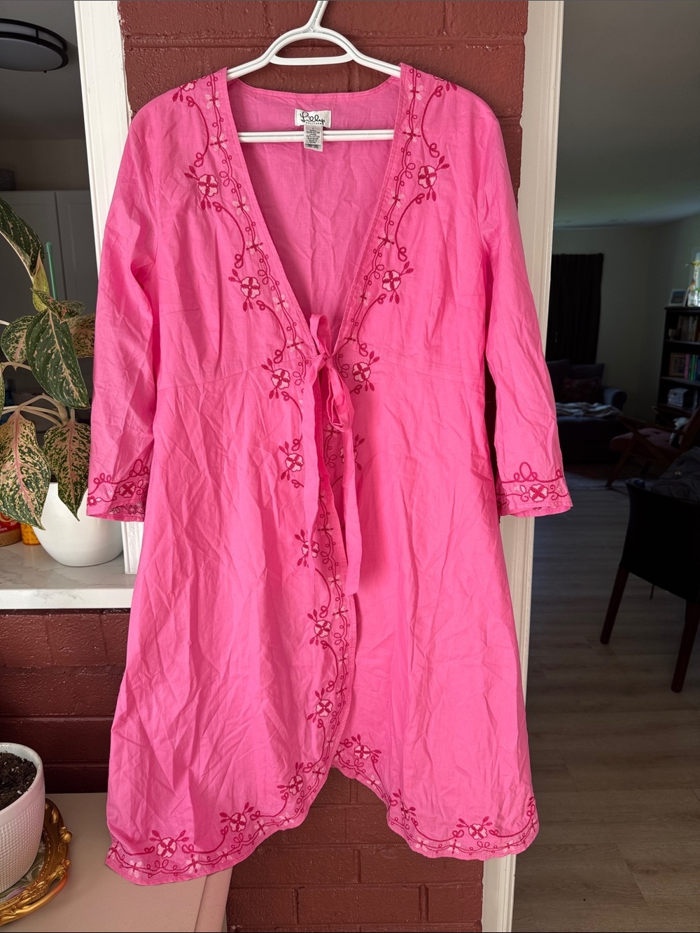 Lilly Pulitzer Vintage 100% Cotton Pink Embroidered Tie-Front Cotton Robe/Duster